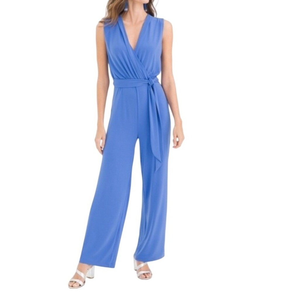 Chico's 3 Solid Amparo Blue V-Neck‎ Belted Wide Leg Jumpsuit Womens XL NWT NEW